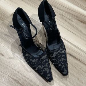 St John Italian Pumps Pointed Toe Kitten Heels Black Lace Sparkle Women’s 8.5